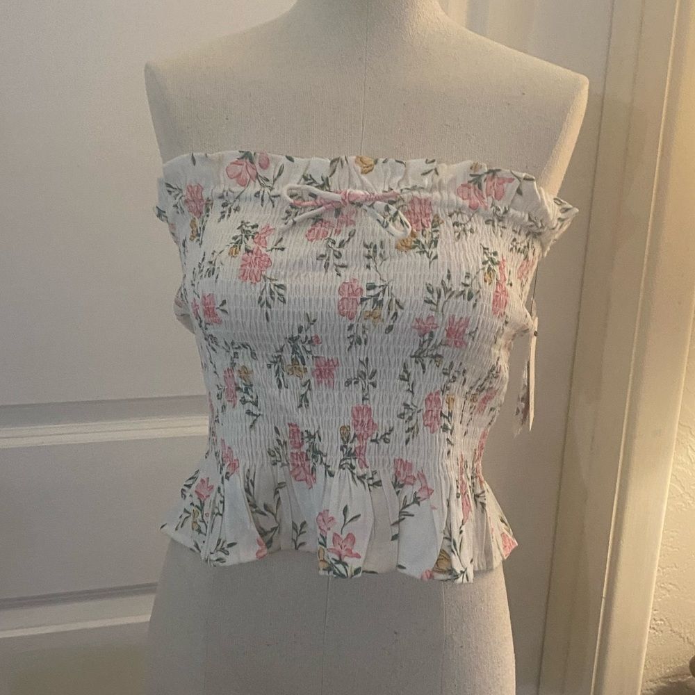 Billabong White Floral Smocked Strapless Crop Top
